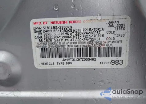 2007 Mitsubishi Outlander Ls из США, поврежденный, VIN JA4MT31X97Z005462